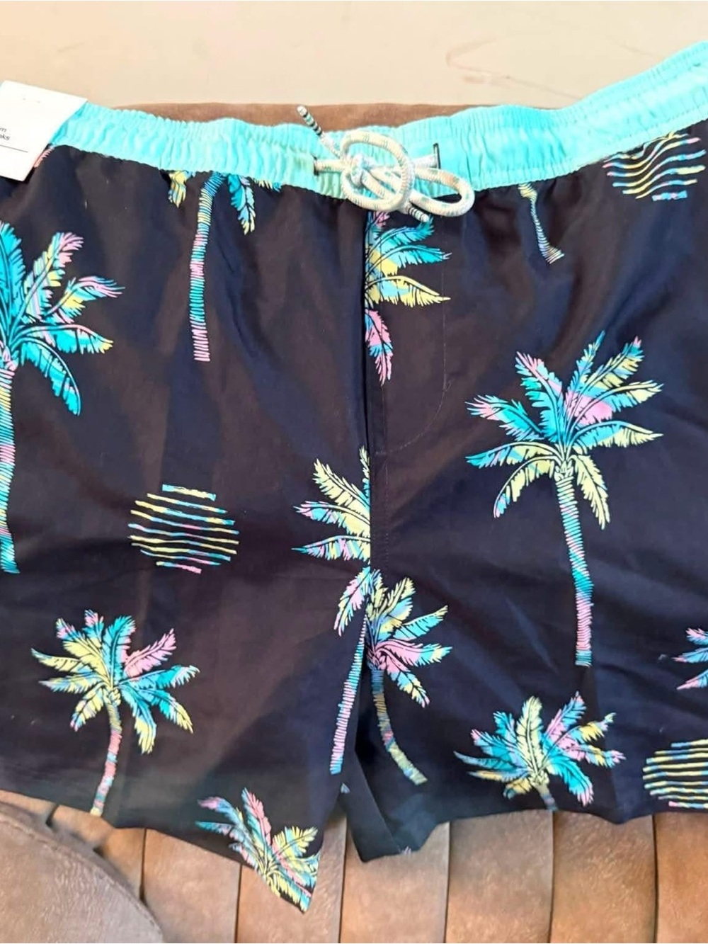 Men's Tropical Palm Print Swim Shorts - Black/Turquoise